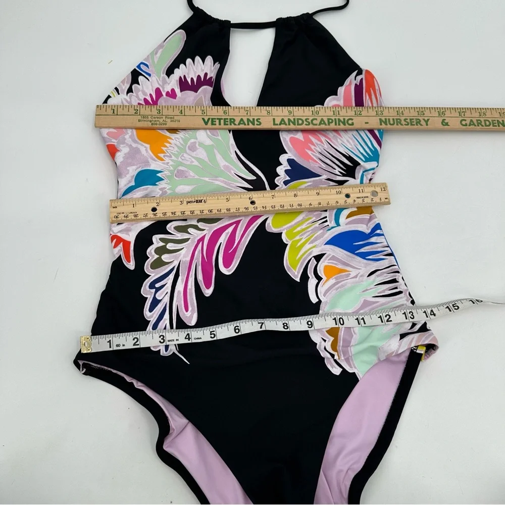 Trina Turk Swimsuit Seychelles Print Black No Size Tag Halter 1 Pc Low Back READ